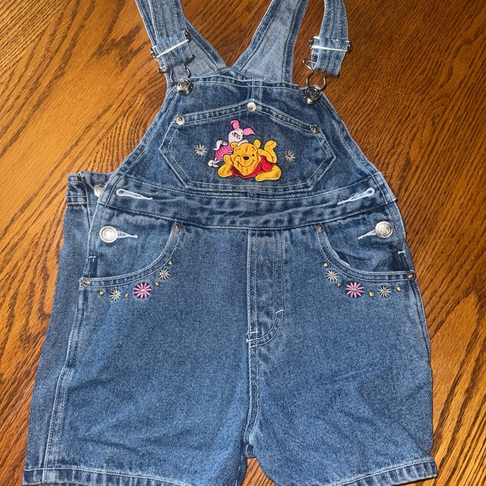 Winnie the Pooh Embroidered Denim Short Overalls for Kids - Blue